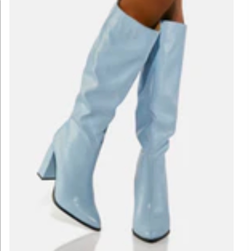 Knee high faux light blue leather boots